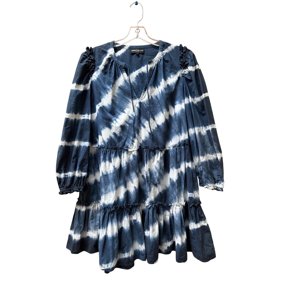 Generation Love Blue Tie Dye Tiered Ruffle‎ Cotton Mini Dress Small